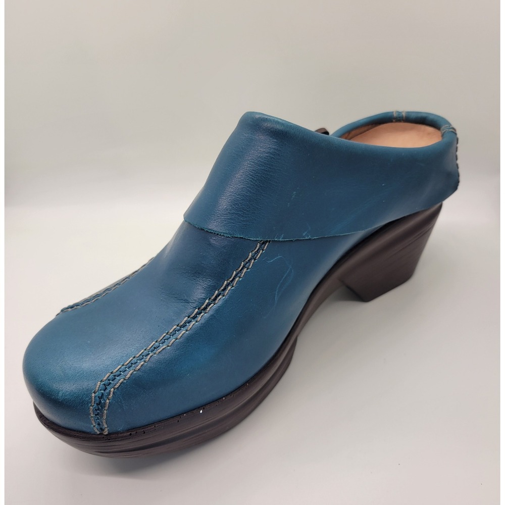 Sanita Teal Blue Leather Mule Clogs Women EU 37 US 6.5-7 Comfort Button 70s 90s - Picture 11 of 16